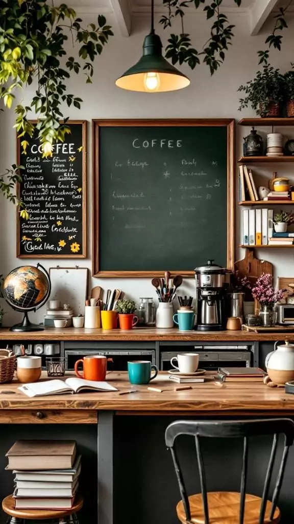 A cozy coffee station with colorful mugs, a coffee maker, and plants, perfect for a teacher's office.