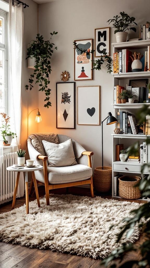 Cozy corner with an armchair, rug, and plants, ideal for a teacher's workspace.