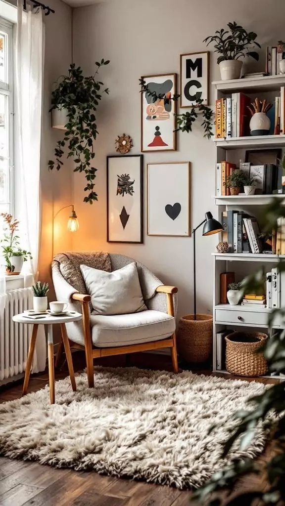 Cozy corner with an armchair, rug, and plants, ideal for a teacher's workspace.