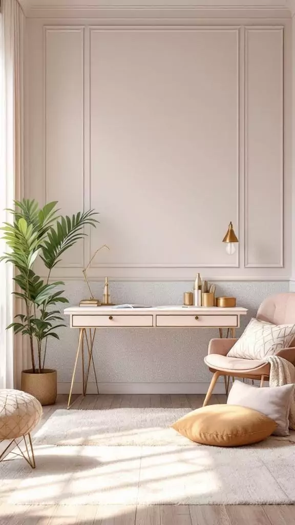 A stylish feminine glam office with a pink desk, cozy chair, and decorative plants.