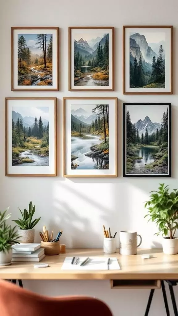 Gallery wall with nature photography in a teacher's office.