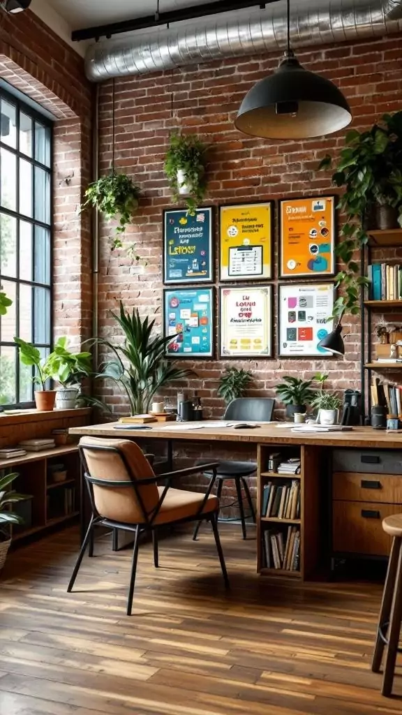 A stylish industrial teacher office with exposed brick walls, wooden furniture, and plants.