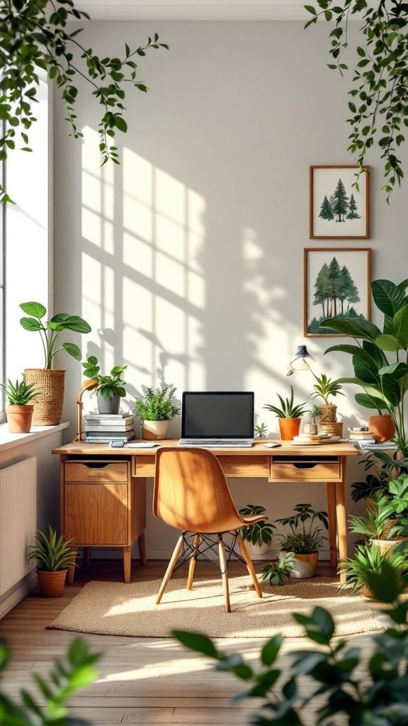 A cozy office space with plants, a wooden desk, and nature-themed artwork.