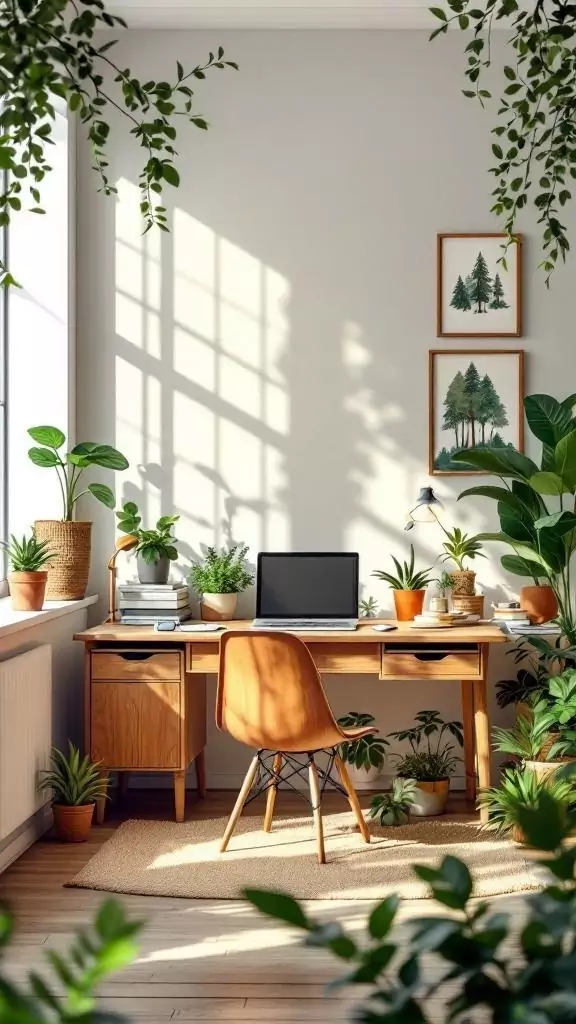 A cozy office space with plants, a wooden desk, and nature-themed artwork.