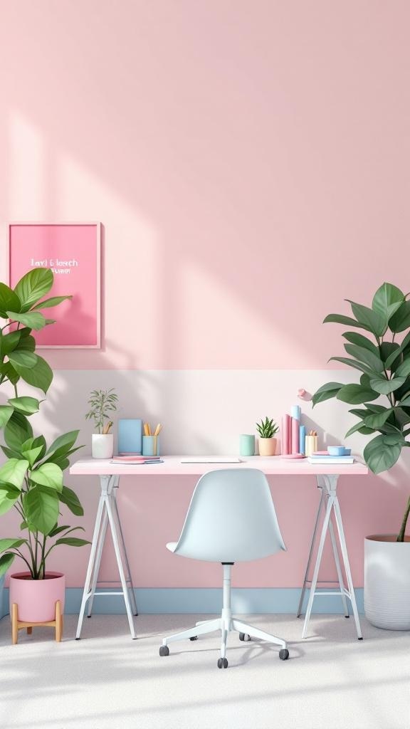 A pastel-themed workspace with a pink wall, a white desk, and green plants.