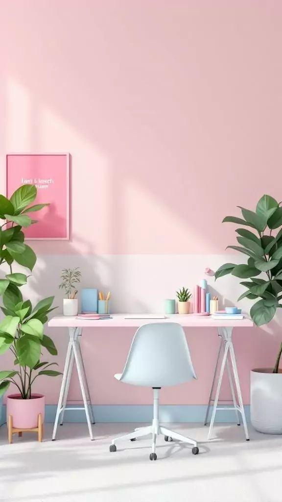 A pastel-themed workspace with a pink wall, a white desk, and green plants.