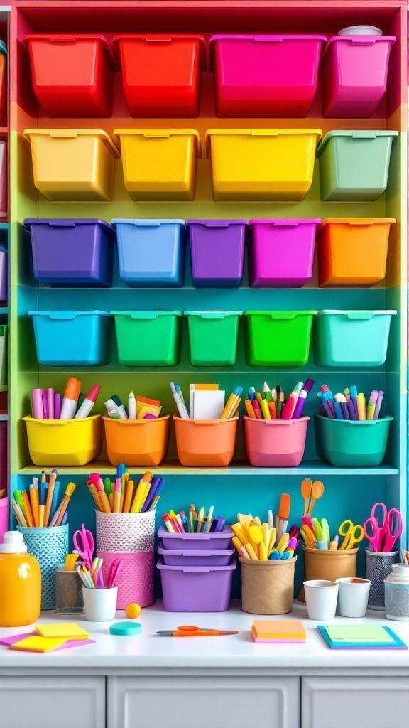 Colorful supply wall with various storage bins and art supplies.