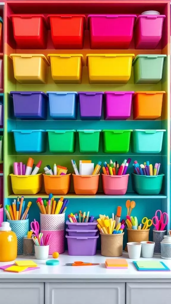Colorful supply wall with various storage bins and art supplies.