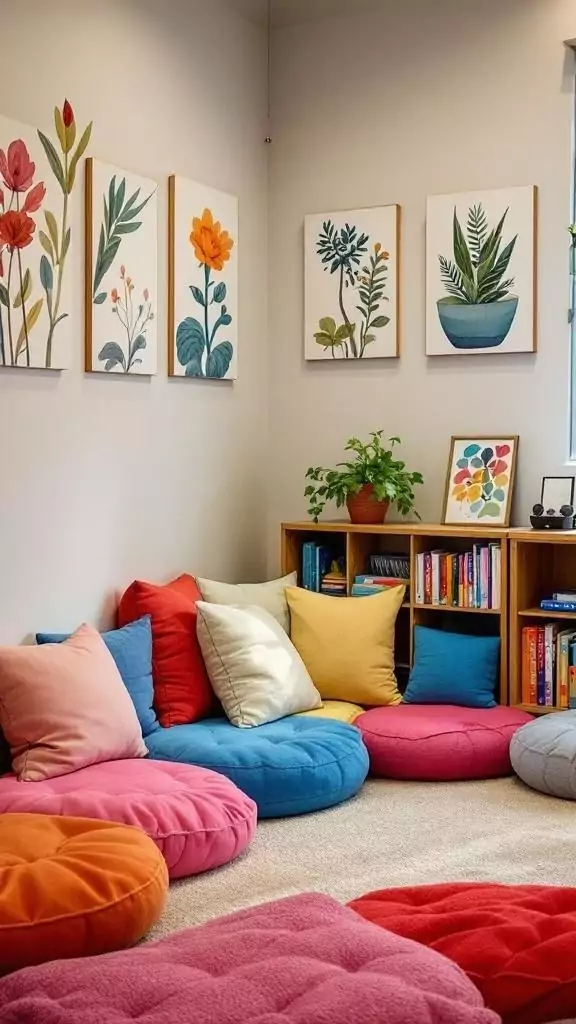 Cozy reading nook with colorful floor cushions and natural light