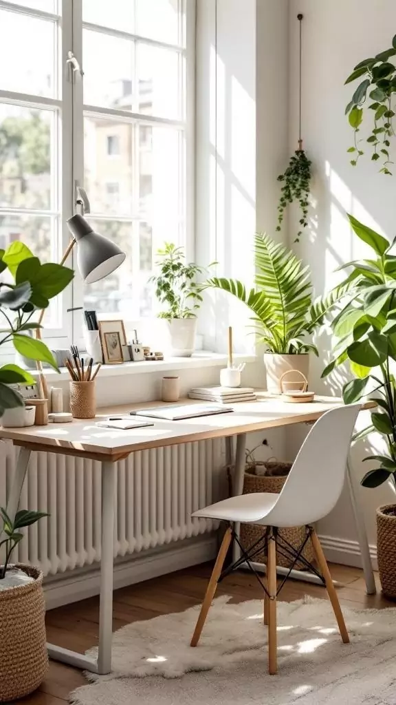 A bright and airy Scandinavian workspace featuring a desk, chair, and plants.