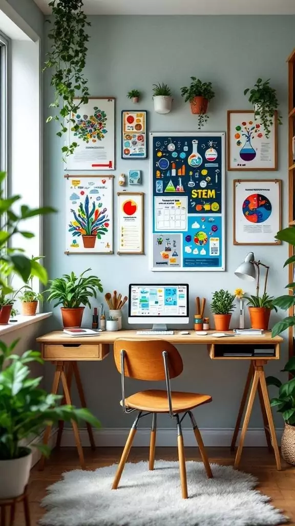 A bright and inviting STEM-themed teacher office area with colorful posters, plants, and a desk.
