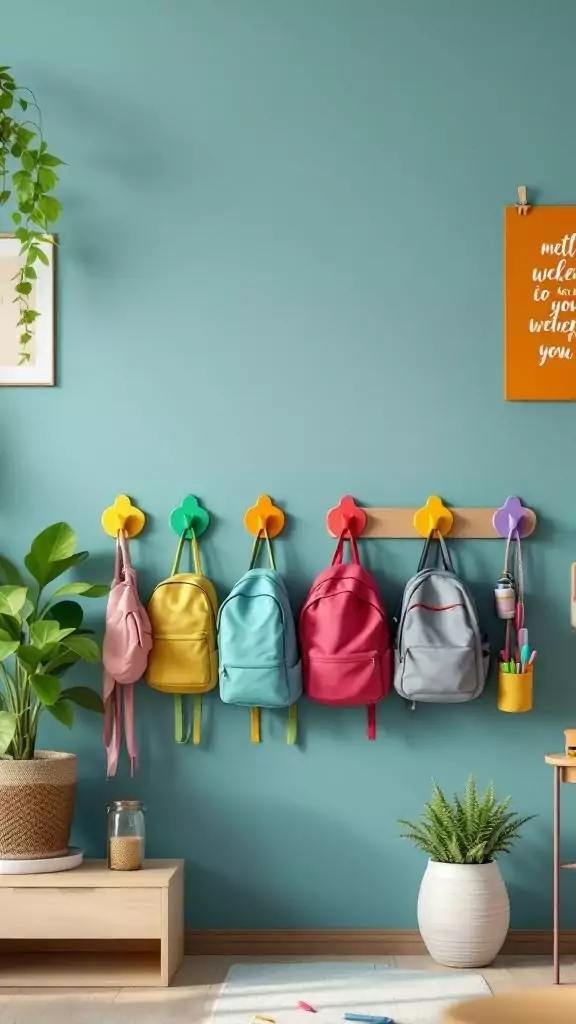 Colorful wall hooks holding backpacks in a classroom setting.