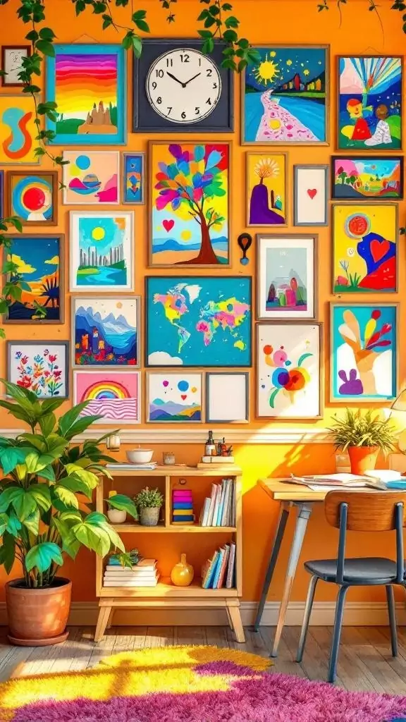 A colorful wall displaying various pieces of student artwork, with a clock and plants nearby.