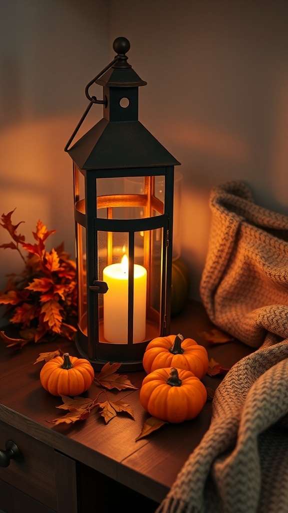 A rustic lantern with a candle, surrounded by small pumpkins and autumn leaves on a wooden table.