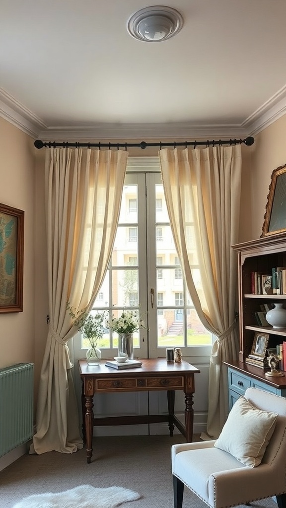 A cozy French country office with light curtains and an elegant desk.