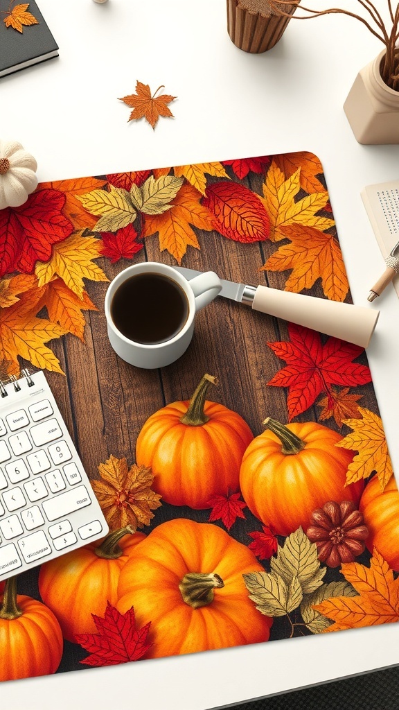 A cozy autumn-themed desk mat featuring pumpkins and colorful leaves.