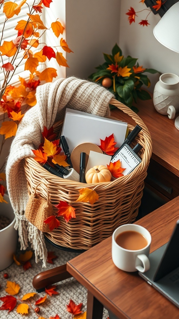A cozy autumn desk featuring a woven basket filled with office supplies and autumn leaves.