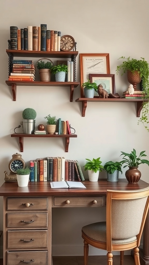 Rustic wall shelves with books and plants in a French country office