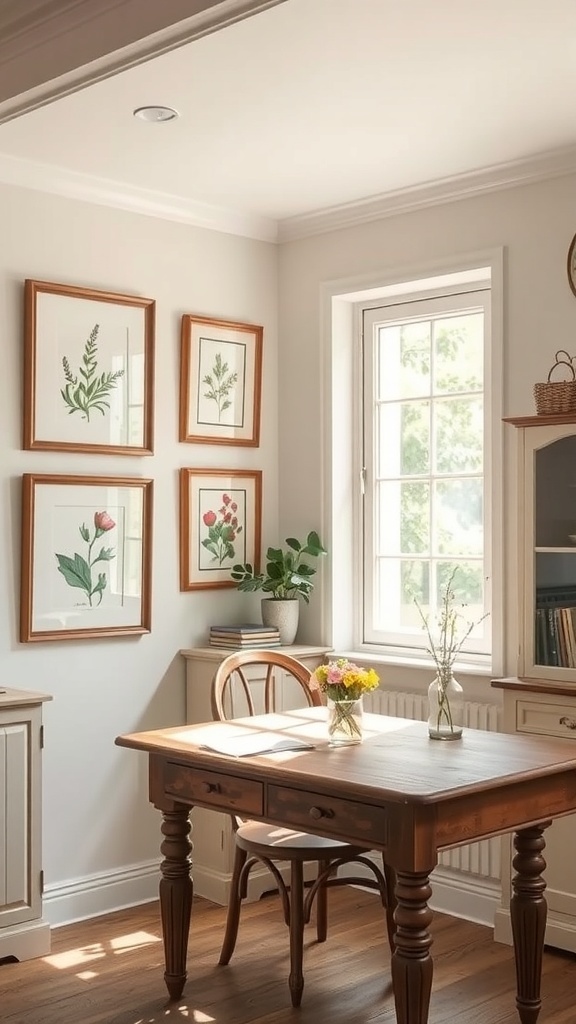A cozy workspace featuring botanical prints on the wall, a wooden desk, and natural light.