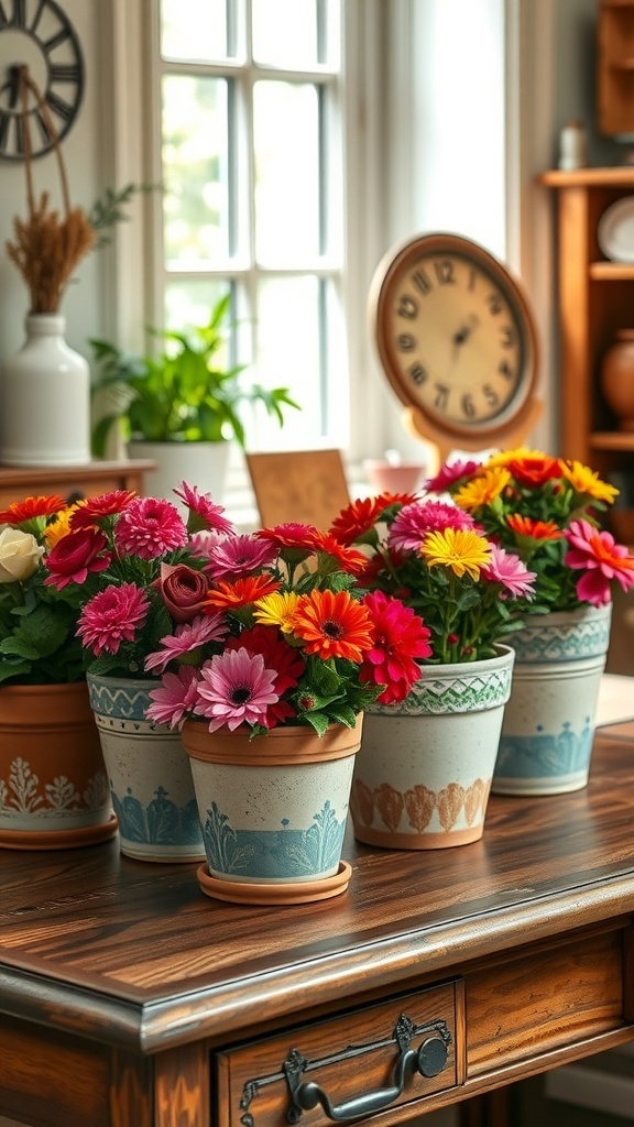 Colorful hand-painted terracotta pots filled with flowers on a wooden desk.