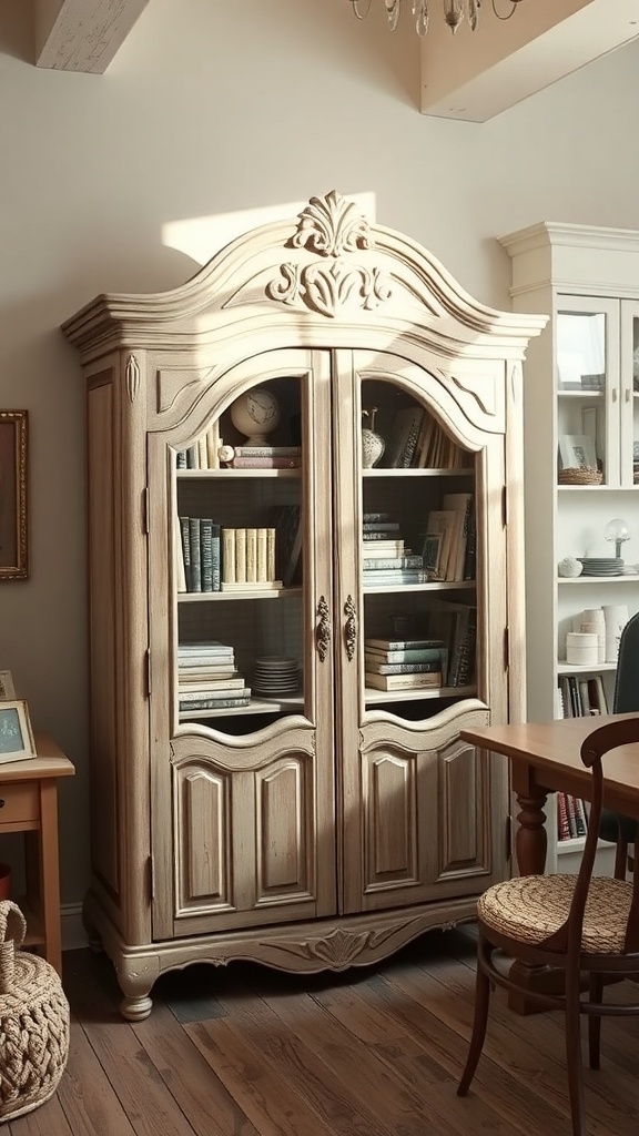 A vintage armoire with glass doors displaying books and decorative items in a cozy office setting.