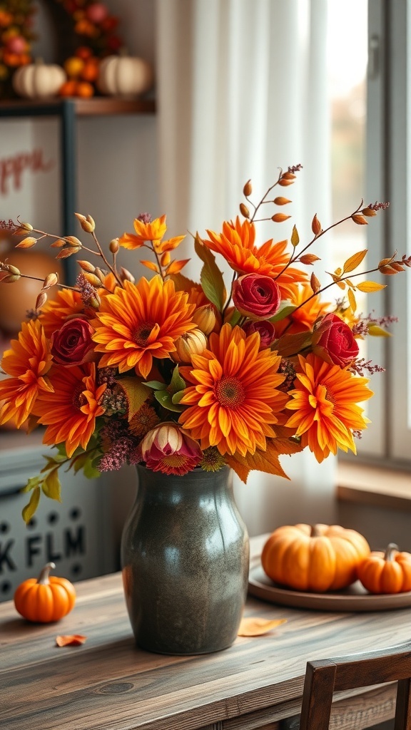 A vibrant fall floral arrangement with sunflowers and autumn leaves in a vase on a wooden desk.