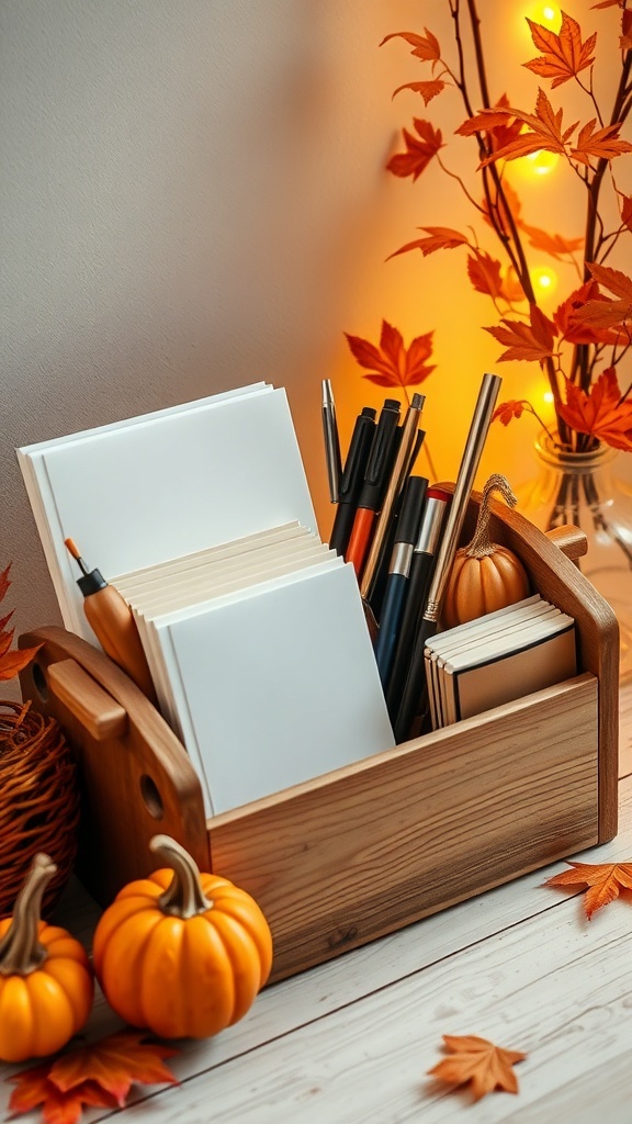 A rustic wood desk organizer filled with pens and notepads, surrounded by small pumpkins and autumn leaves.