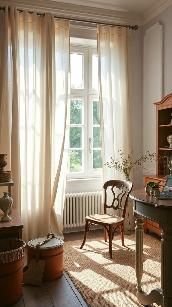 A bright workspace featuring soft linen curtains, a wooden chair, and a cozy atmosphere.