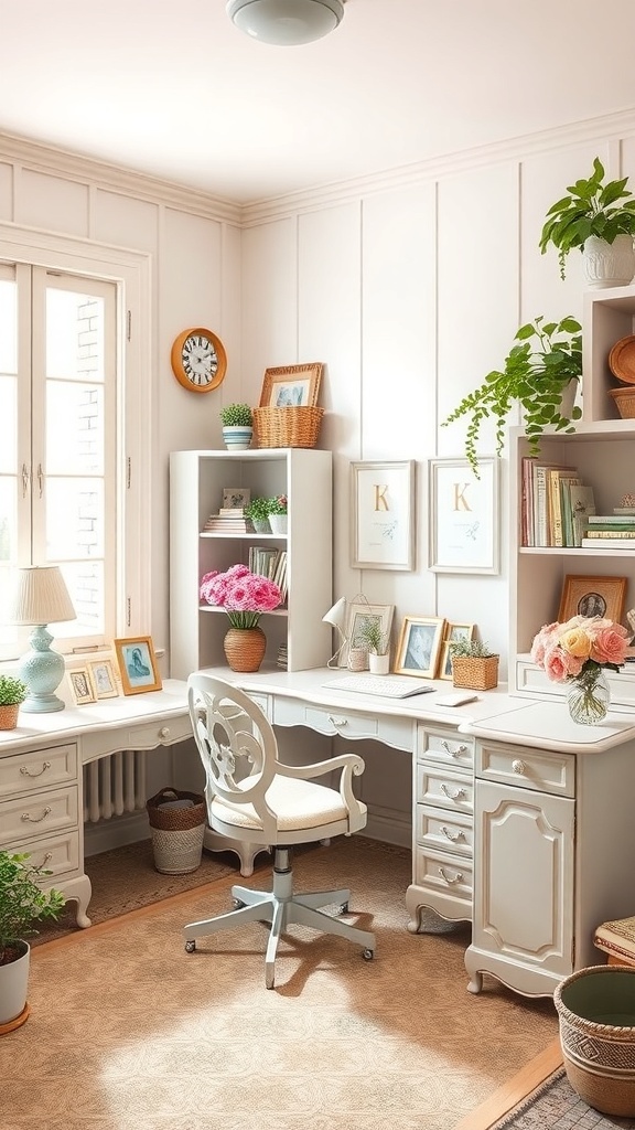 A cozy French country office with pastel colors and elegant decor.