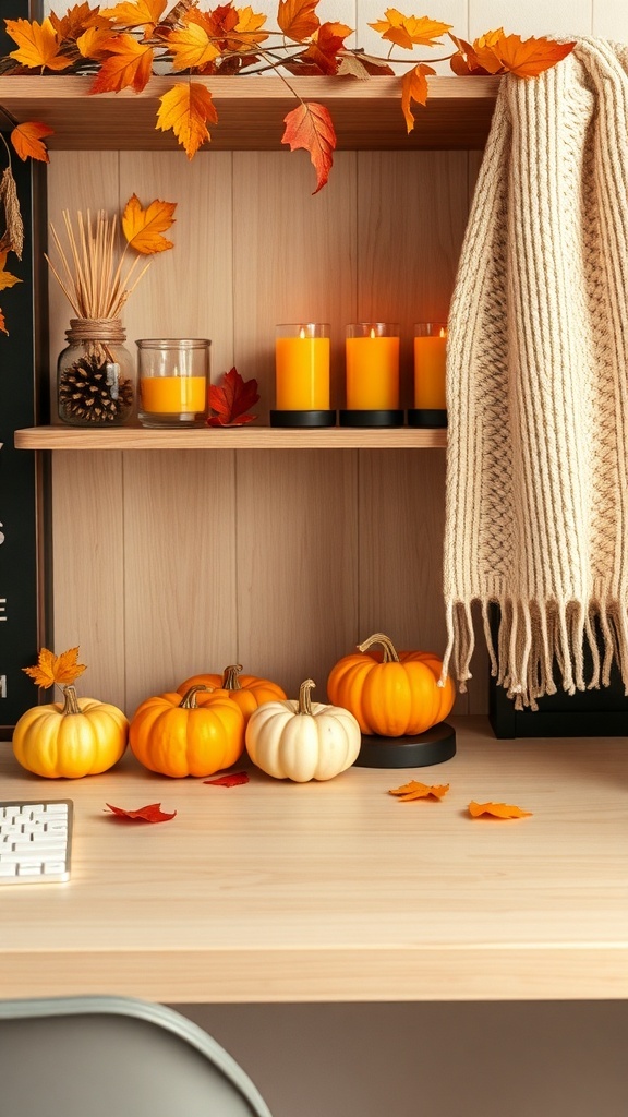 Cozy fall desk decor with pumpkins, candles, and autumn leaves on a shelf.