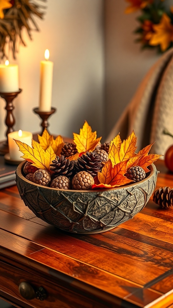 A decorative bowl filled with acorns and pinecones surrounded by autumn leaves on a wooden desk.