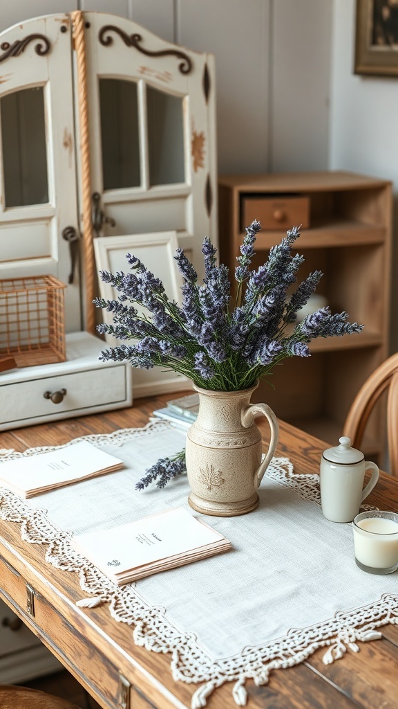 A fresh lavender bouquet in a vase on a wooden desk with office supplies.