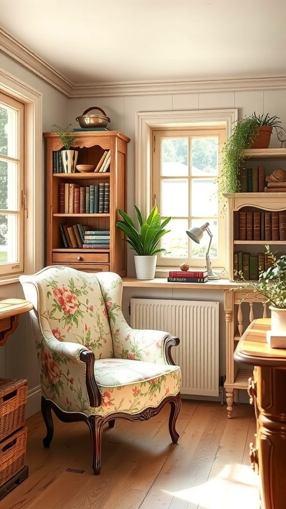 A floral upholstered chair in a quaint office setting with bookshelves and plants.