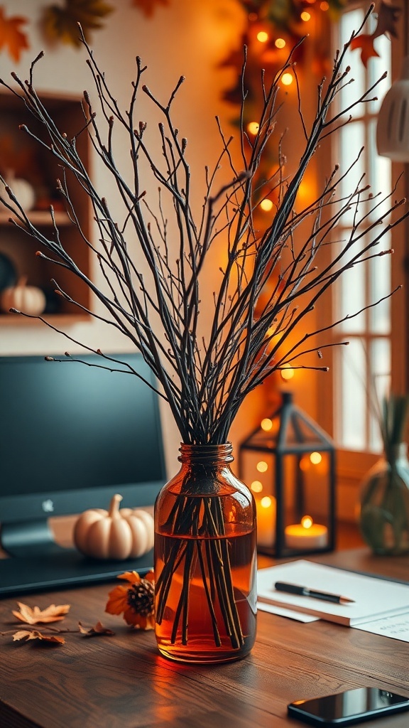 Amber glass vase with branches on a desk, surrounded by fall decorations.