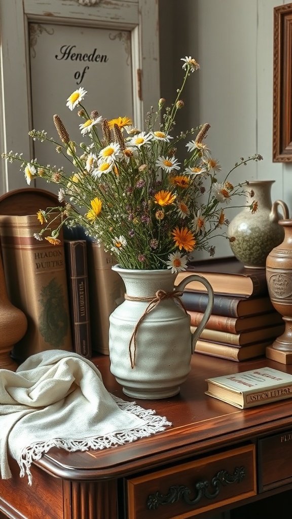 A ceramic pitcher vase filled with flowers on a wooden desk