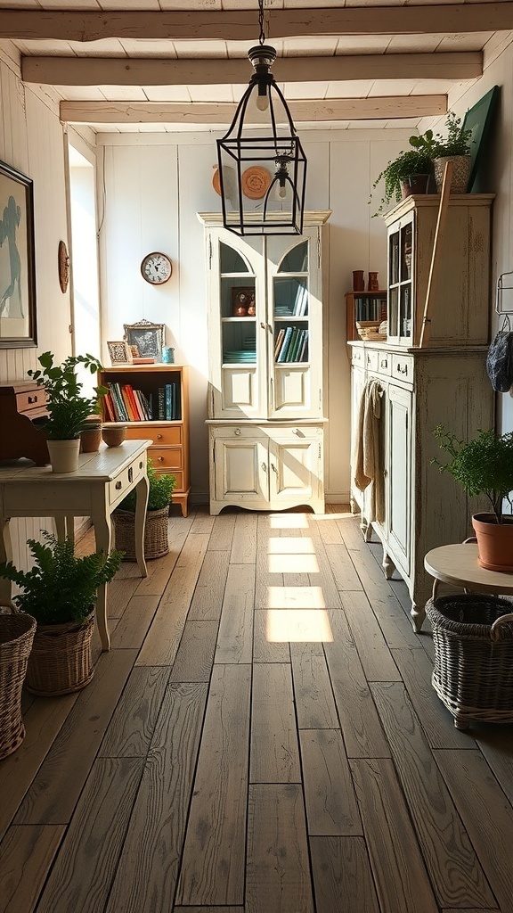 A cozy French country office with weathered wooden flooring and vintage furniture.
