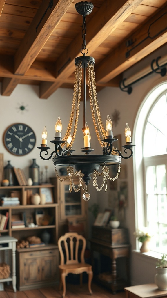 Rustic chandelier in a cozy office setting