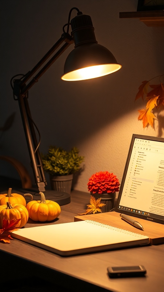 A rustic desk lamp casting warm light over a fall-themed workspace with pumpkins and autumn decorations.