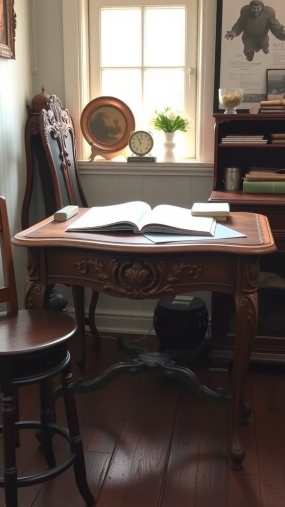An antique writing table with an open book, a chair, and decorative items in a cozy workspace.