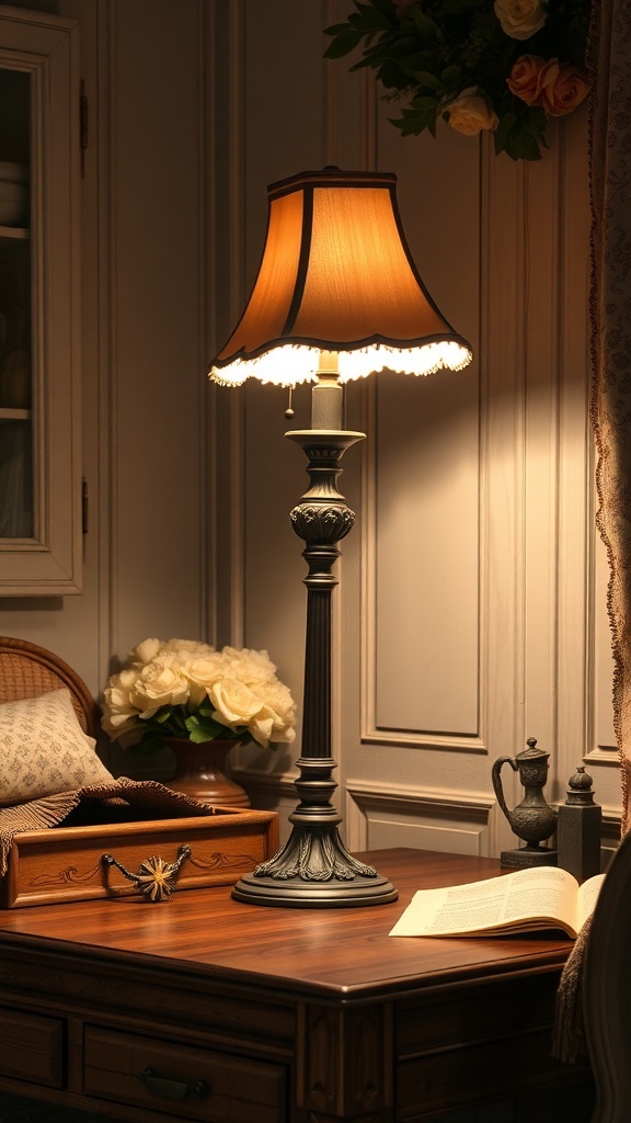 A vintage desk lamp on a wooden desk with flowers and an open book.