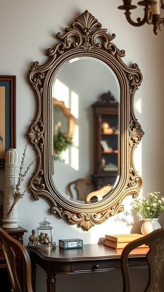 An ornate wall mirror with intricate detailing, reflecting light in a cozy workspace.