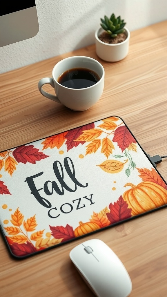 A cozy mouse pad with fall leaves and pumpkins next to a coffee cup on a wooden desk.
