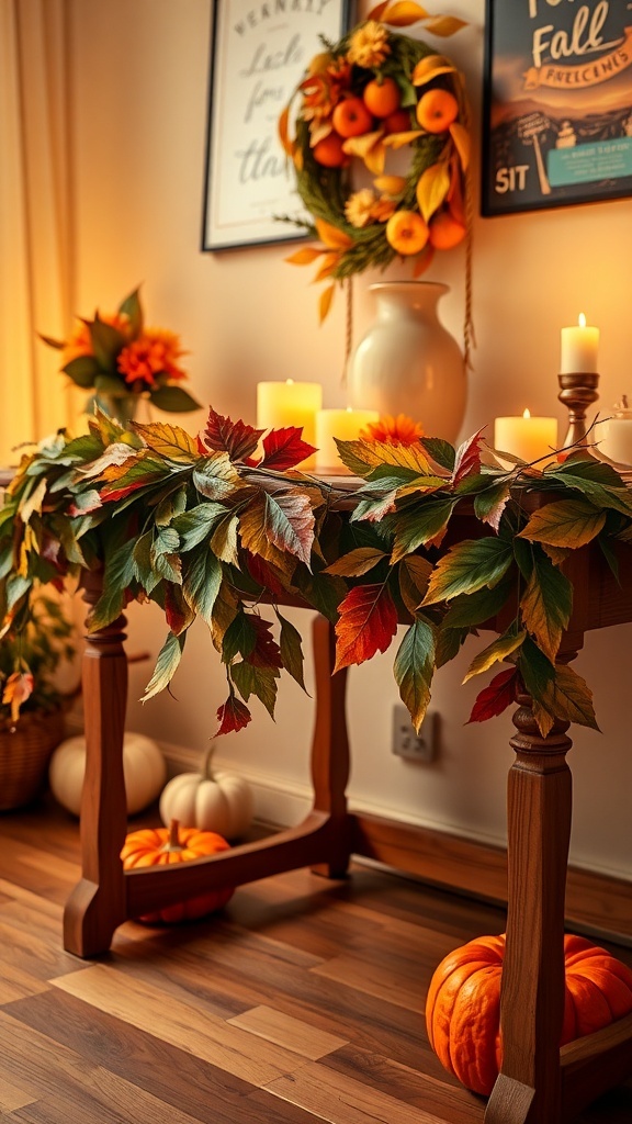 Leaf garland draped along a desk with pumpkins and candles in a cozy setting.