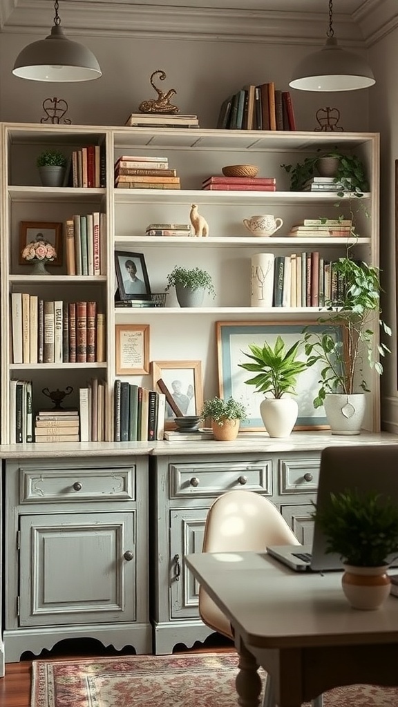 A cozy workspace featuring a distressed bookcase filled with books and decorative items.