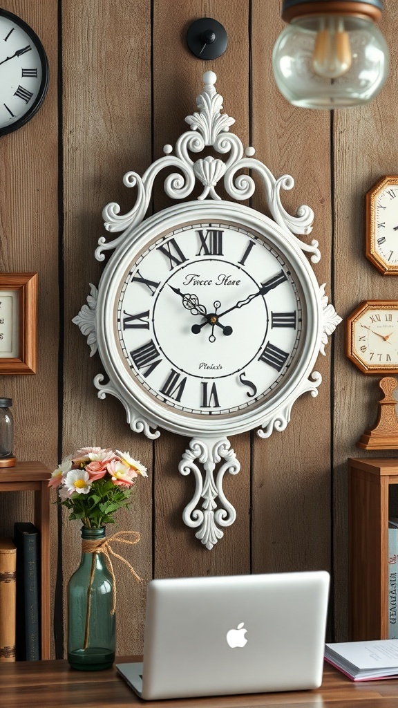 A decorative vintage clock with ornate details in a French country office setting.
