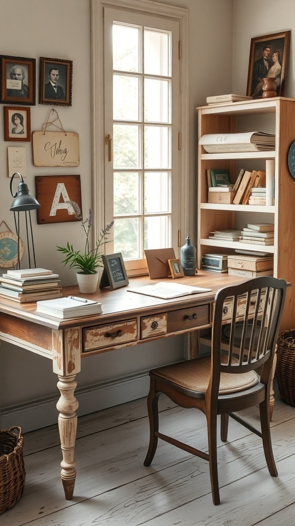 A cozy French country office with a distressed wood desk, bookshelves, and decorative items.