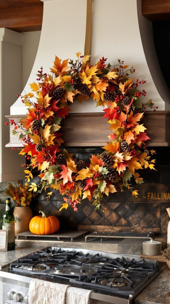 6 seasonal wreath hung above the stove or hood the scene is absent of text le 20250904 171142 8f3h