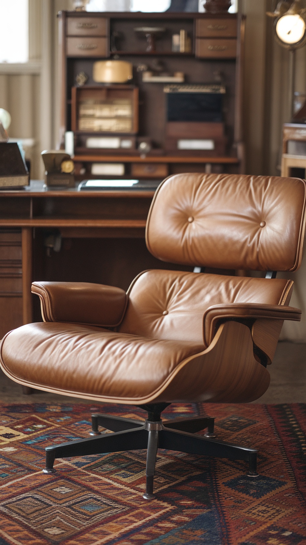 A warm-toned leather lounge chair in a mid century modern office setting.