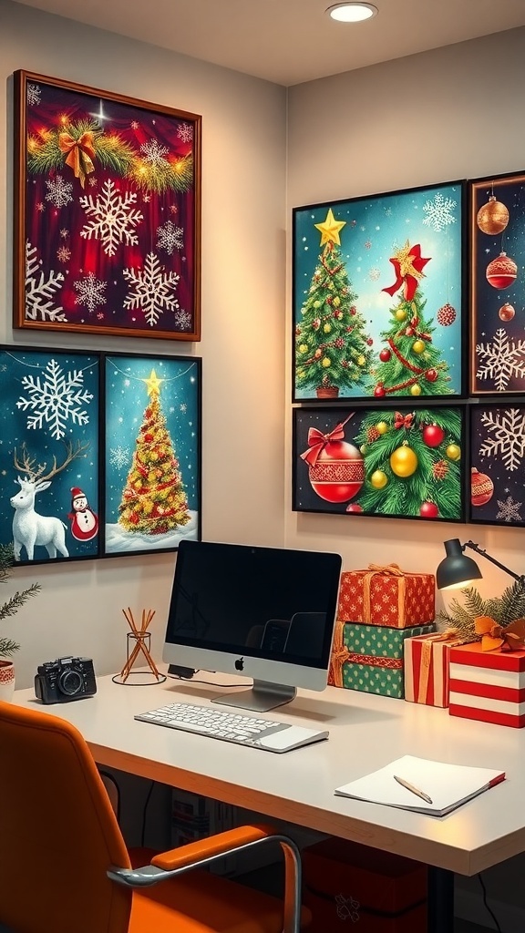 A cozy office space decorated with colorful holiday-themed wall art prints, including Christmas trees and festive designs.