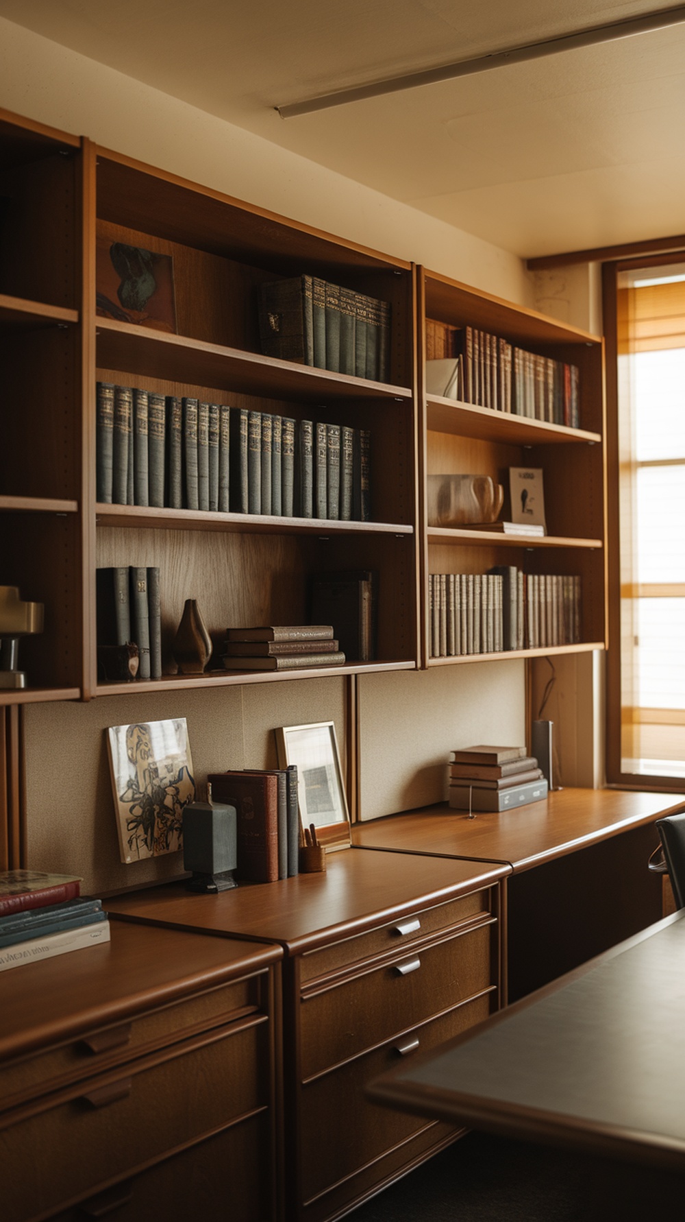 A walnut bookcase with open shelving displaying books and decorative items in a mid century modern office.